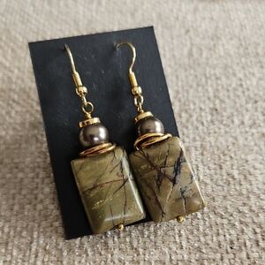 Gold-Tone Olive Green Stone Drop Earrings